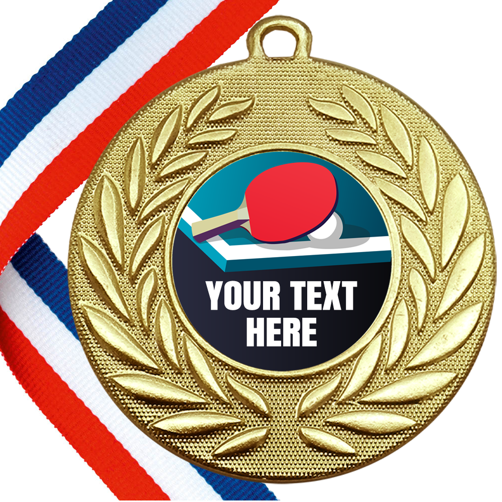 Set of Personalised Table Tennis Wreath Medals On Ribbons BW Trophies