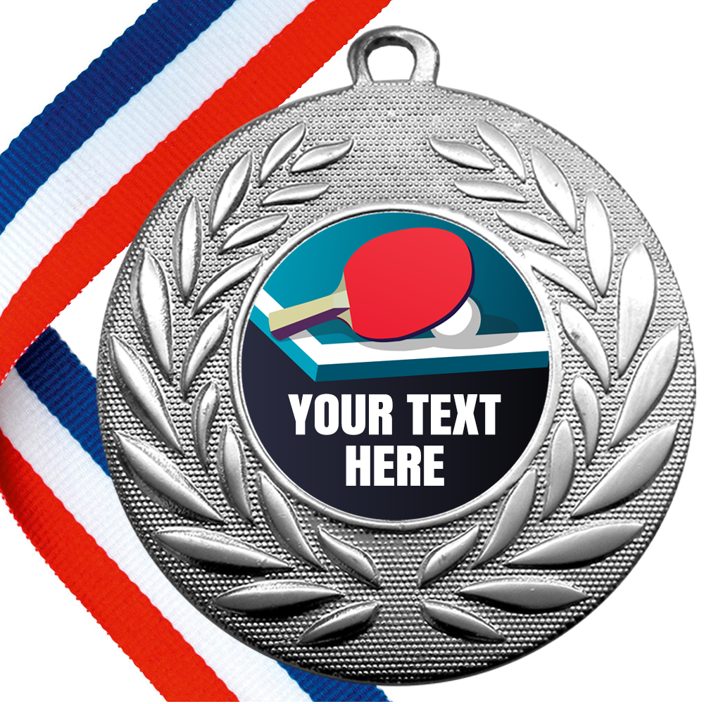Set of Personalised Table Tennis Wreath Medals On Ribbons BW Trophies