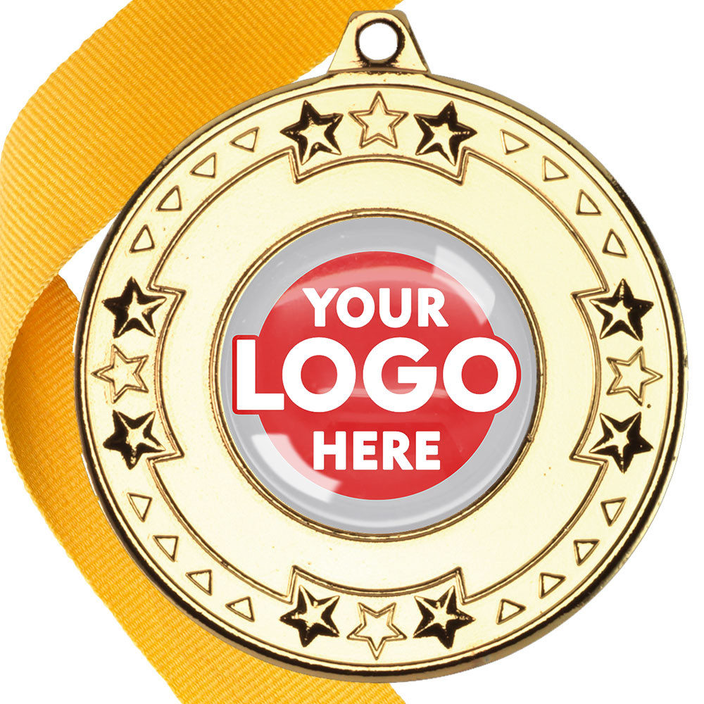 The Glossy gel 50mm Star Edge Medal on a Ribbon