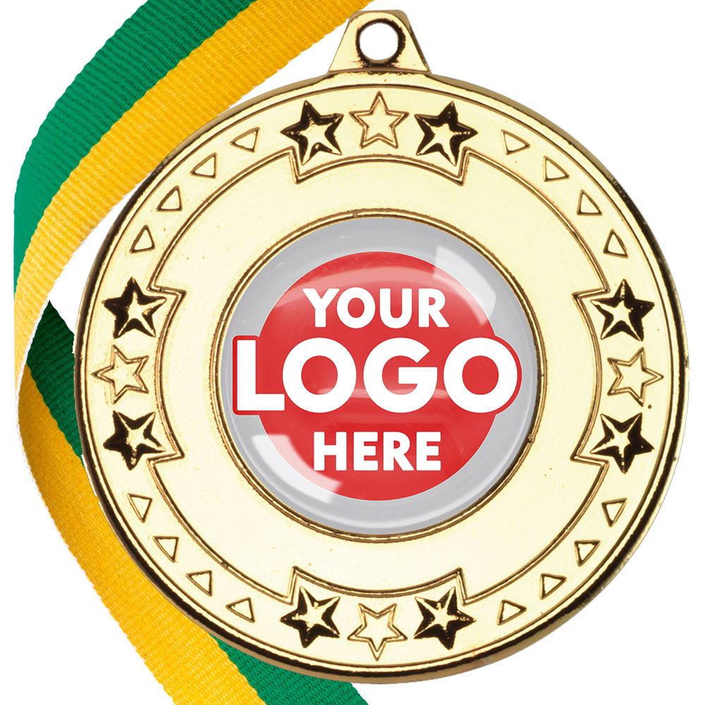 The Glossy gel 50mm Star Edge Medal on a Ribbon