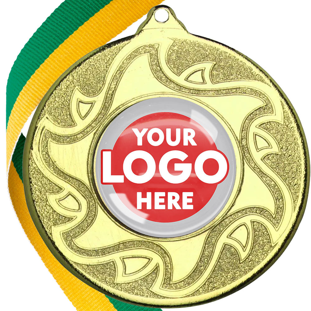 The Glossy Domed 50mm Sunshine Design Medals on Ribbons MINIMUM ORDER 100
