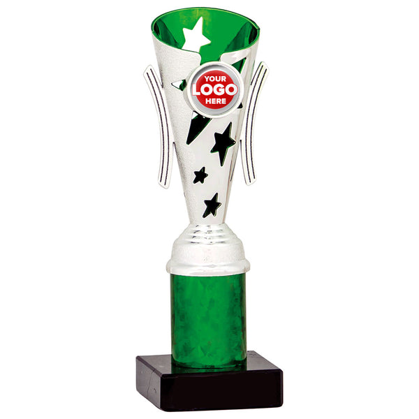 Star Design Tube Trophy (Silver/Green) - 6 sizes available