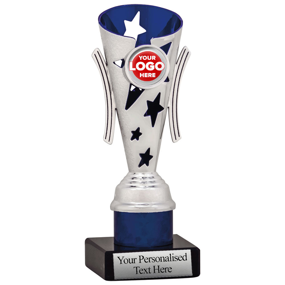 Star Design Tube Trophy (Silver/Blue) - 6 sizes available