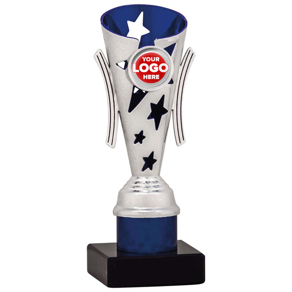 Star Design Tube Trophy (Silver/Blue) - 6 sizes available