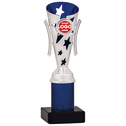 Star Design Tube Trophy (Silver/Blue) - 6 sizes available