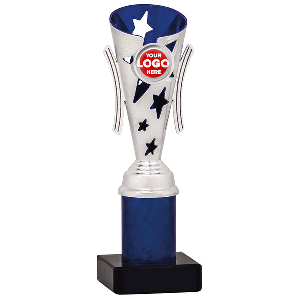 Star Design Tube Trophy (Silver/Blue) - 6 sizes available