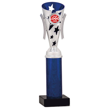 Star Design Tube Trophy (Silver/Blue) - 6 sizes available
