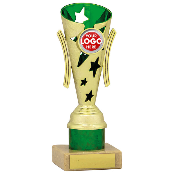 Star Design Tube Trophy (Gold/Green) - 6 sizes available