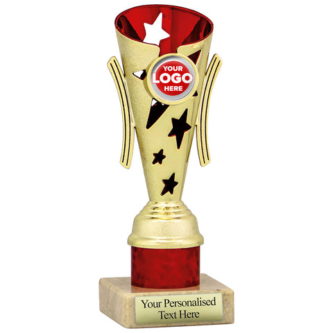 Star Design Tube Trophy (Gold/Red) - 6 sizes available