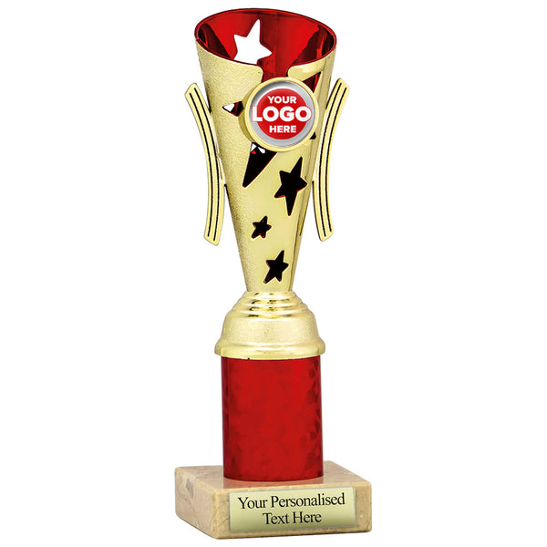 Star Design Tube Trophy (Gold/Red) - 6 sizes available