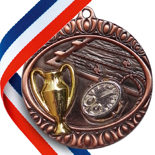 50mm Embossed Swimming Medal on Red, White & Blue Ribbon