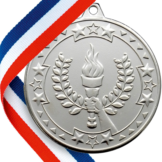 50mm Embossed Sports Day Torch  Medal on a Ribbon BW Trophies
