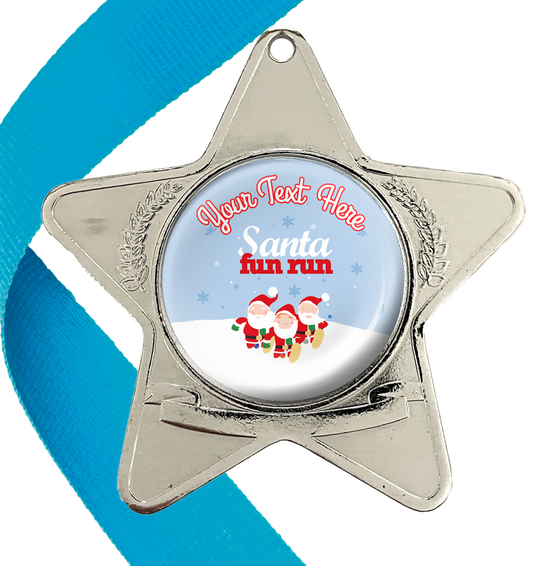 Santa Fun Run Star Medals Snow Design with Domed Centres